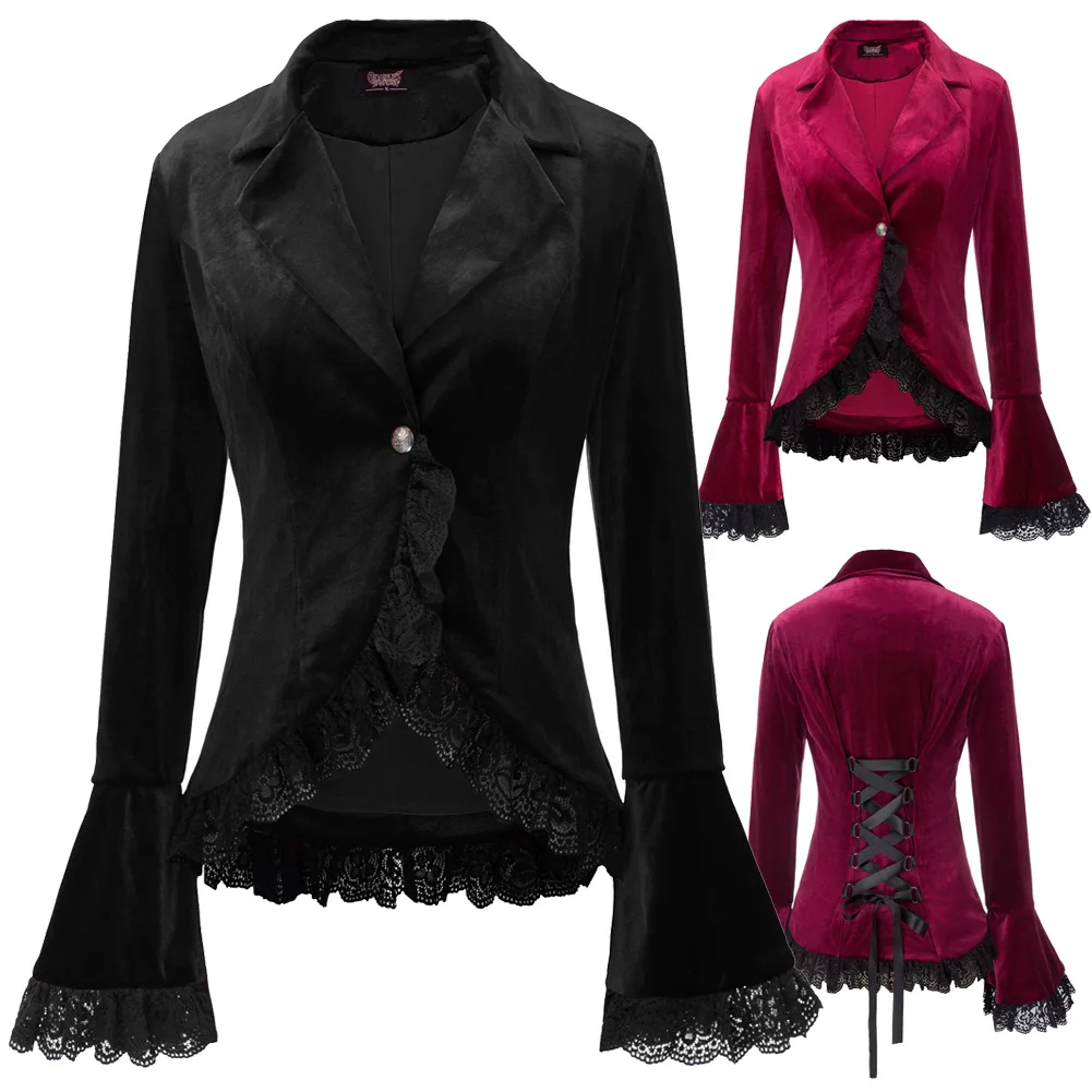 wonderful teampunk Theater Clothing Navy Womens Vintage Coat Tops Outerwear Gothic Victorian 2pcs Set Velvet