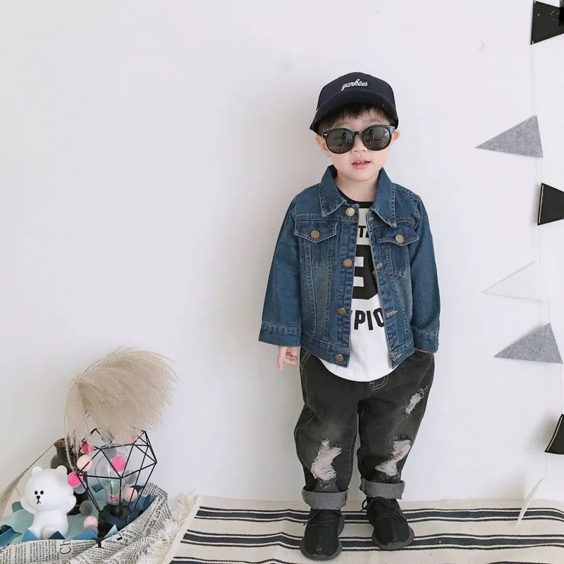 Boy denim jacket 2018 Spring Autumn Baby Boys Coat Soft Denim Coat lapel cartoon Dark blue Jacket for Kids Children Clothing