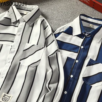 

YASUGUOJI new Spring 2019 men's Japanese style Stripe Long Sleeve Shirt Turn-down Collar Single Breasted men's loose shirt L108