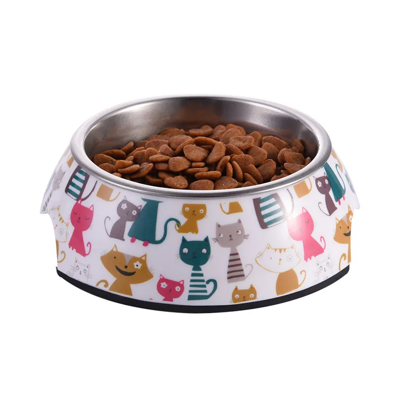 Cats Pattern Pet Bowl with Removable Melamine Stainless Steel Bowl Pet