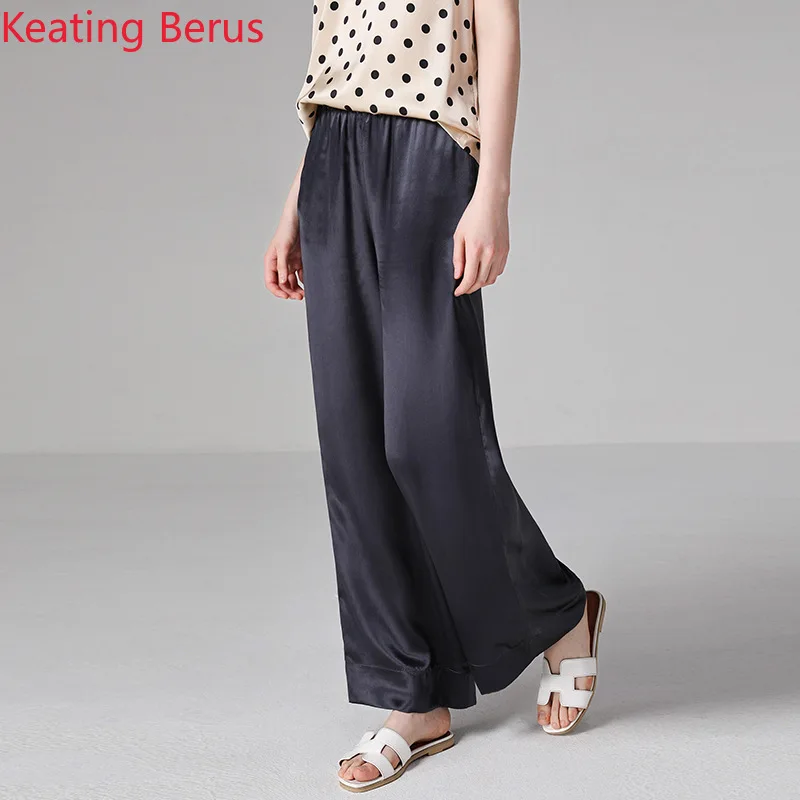 

100% Silk 2019 Fashion Women's Summer Trousers Loose Plus Size Dark Blue Wide Leg Pants Women's Summer Pants Streetwear 1161