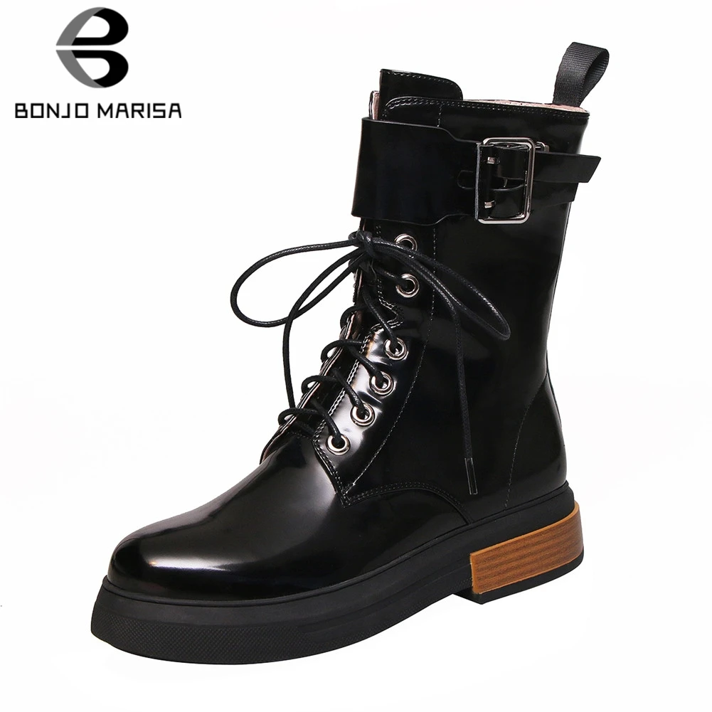 

BONJOMARISA New Fashion Ladies Chunky Heels Belt Buckle Cross Tie Zip Shoes Woman Casual Party Office Autumn Winter Ankle Boots