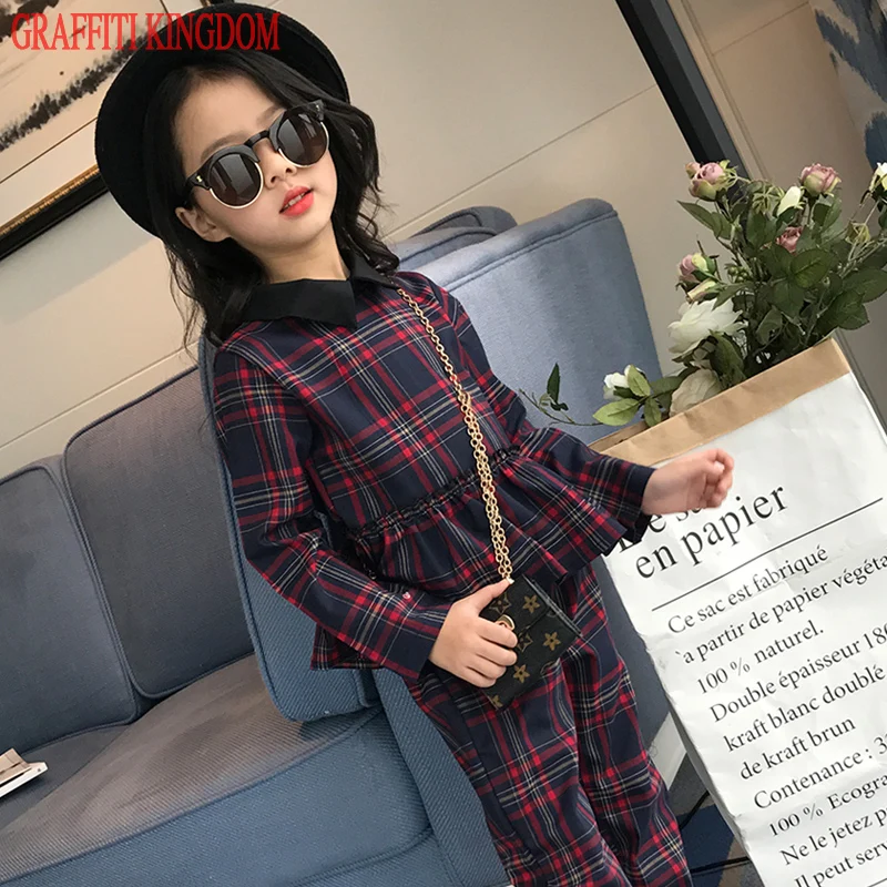 

2 Pcs girls top and pants Autumn New 2018 children casual Plaid Clothes Sets big gir pullover and trousers factory outlet