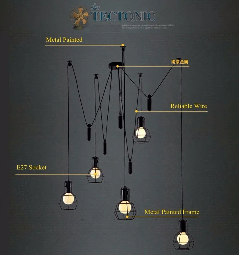 Vintage Retro Loft Adjustable DIY Iron Spider Cage Lamp Light Pendant Lighting Fixture for Living Room Office Decor E27 220V (12)