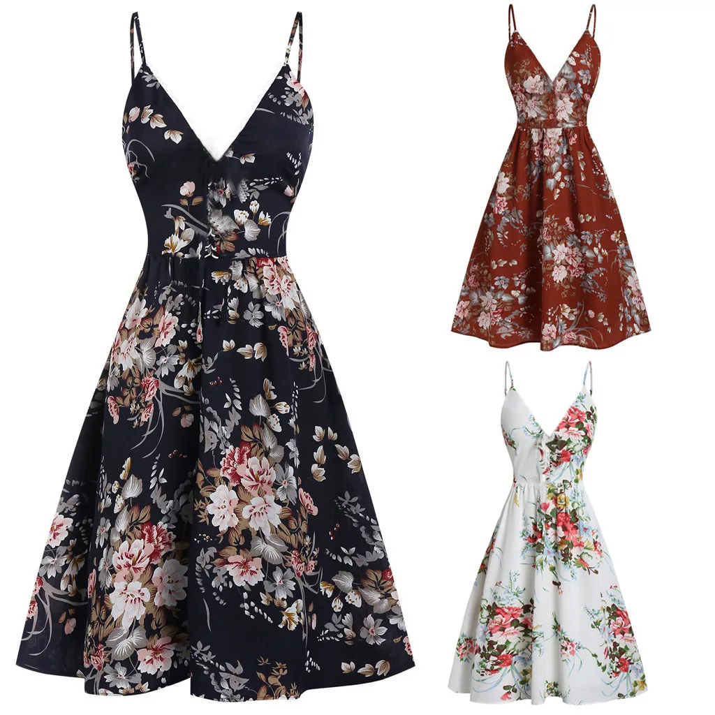 Summer Fashion Women Dress Elegant Casual Floral Printing Strap Sleeveless Backless V Neck Knee Length Vestidos Flexible OY41