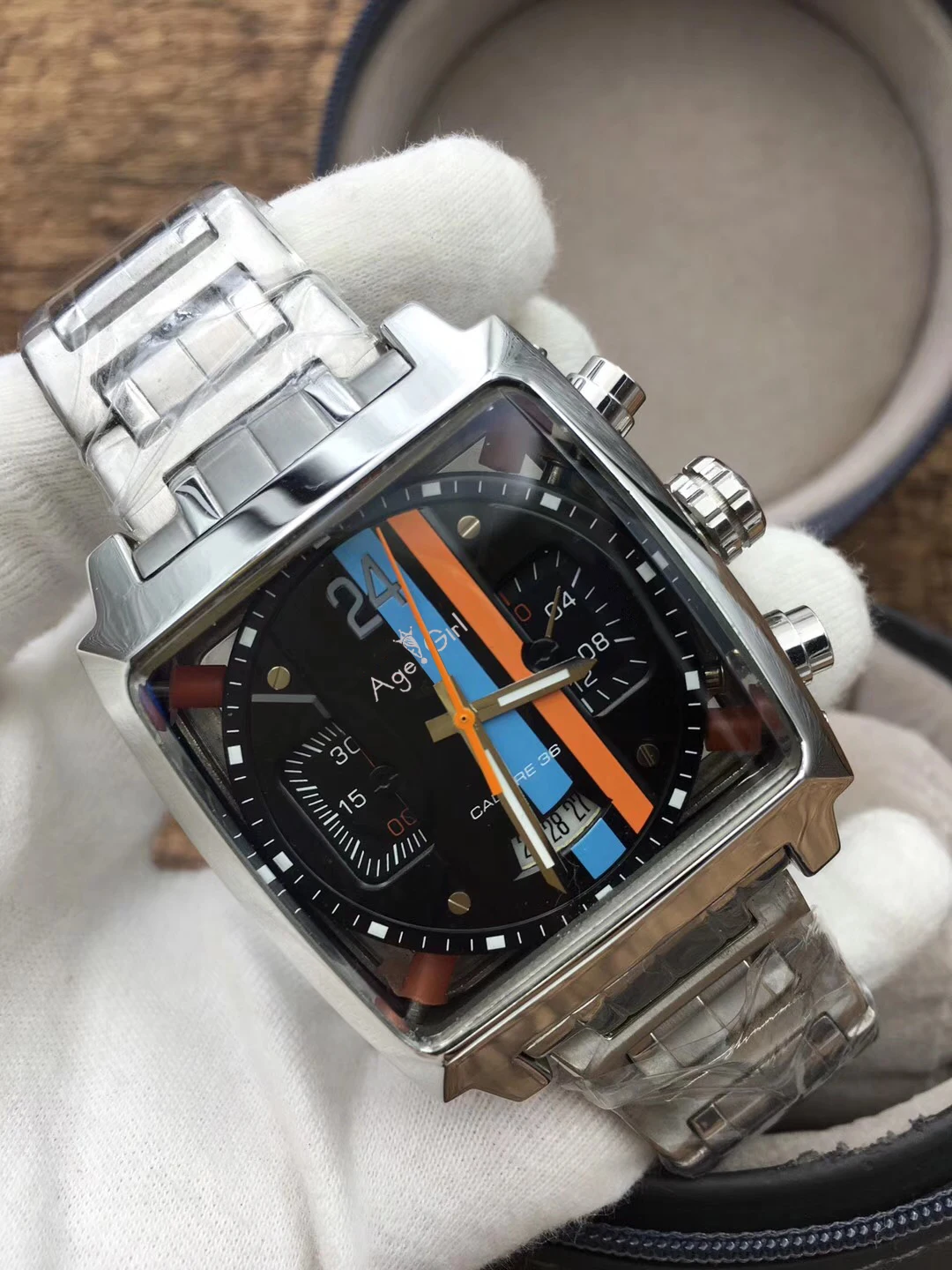 

Luxury Brand New Silver Black Gold Stainless Steel Men Watches Chronograph Sapphire Sport Leather Orange Line Watch Limited AAA+