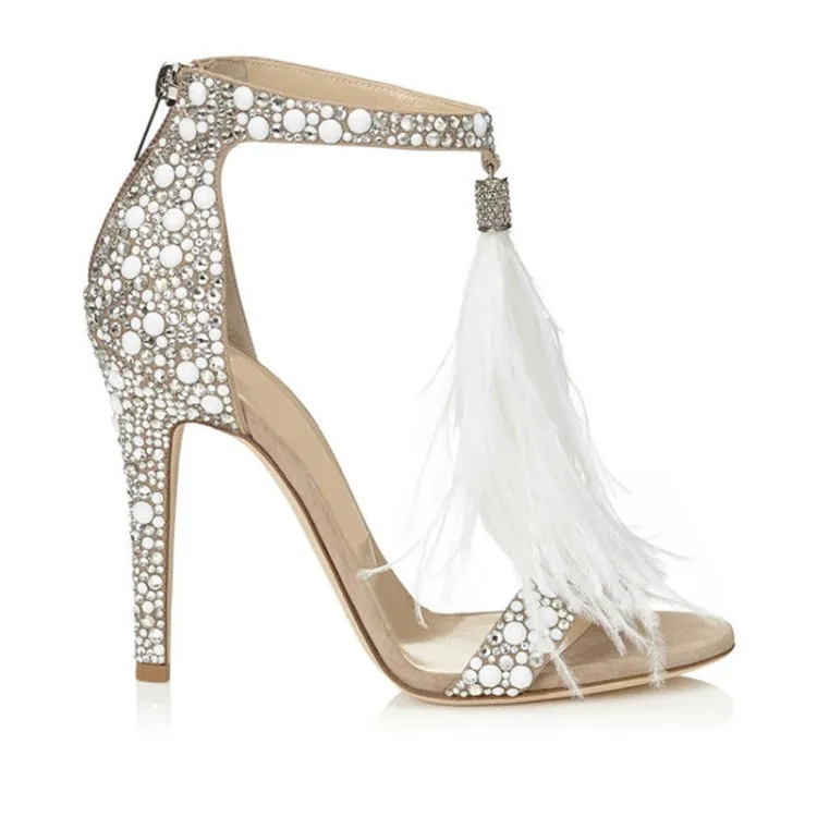 Коллекция года; Лидер продаж; босоножки на высоком каблуке со стразами и украшением в виде Белых Перьев; Свадебная обувь для невесты; женские туфли-лодочки на шпильке