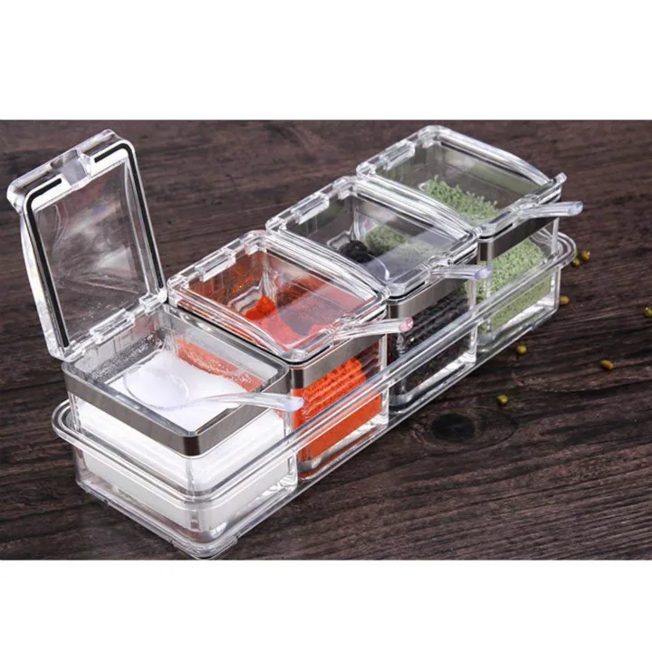 Crystal Clear by Paramount City ParaCity Seasoning Box 4 Piece Acrylic Spice Rack Storage Container Condiment Jars Cruet with Cover and Spoon Kitchen Utensils Supplies 