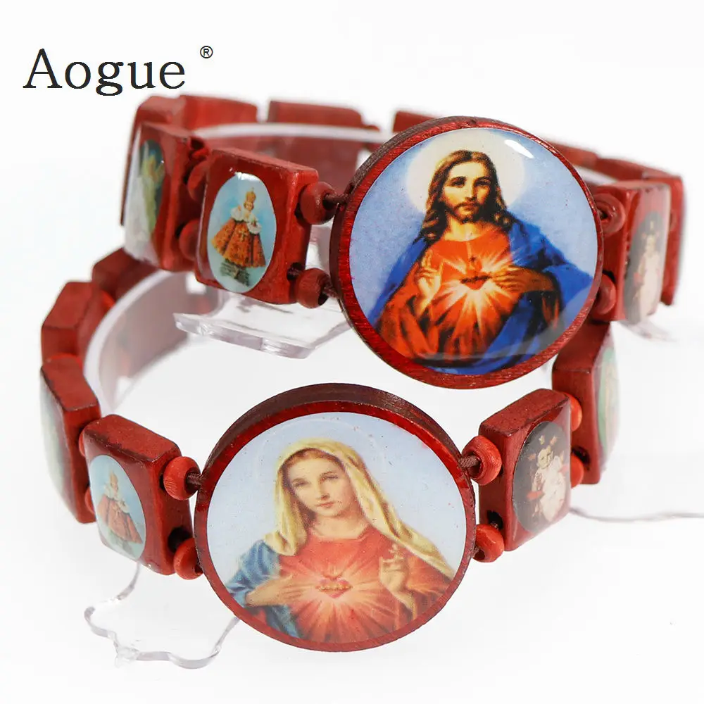 

Saints Jesus Religious Wood Catholic Icon Bracelets Unisex Fashion Wood Bracelet New Charm Jewelry Elasticated Dark Red