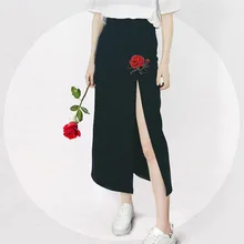 Женская сексуальная юбка с вышитыми цветами розы разрезы подол тонкая юбка Harajuku