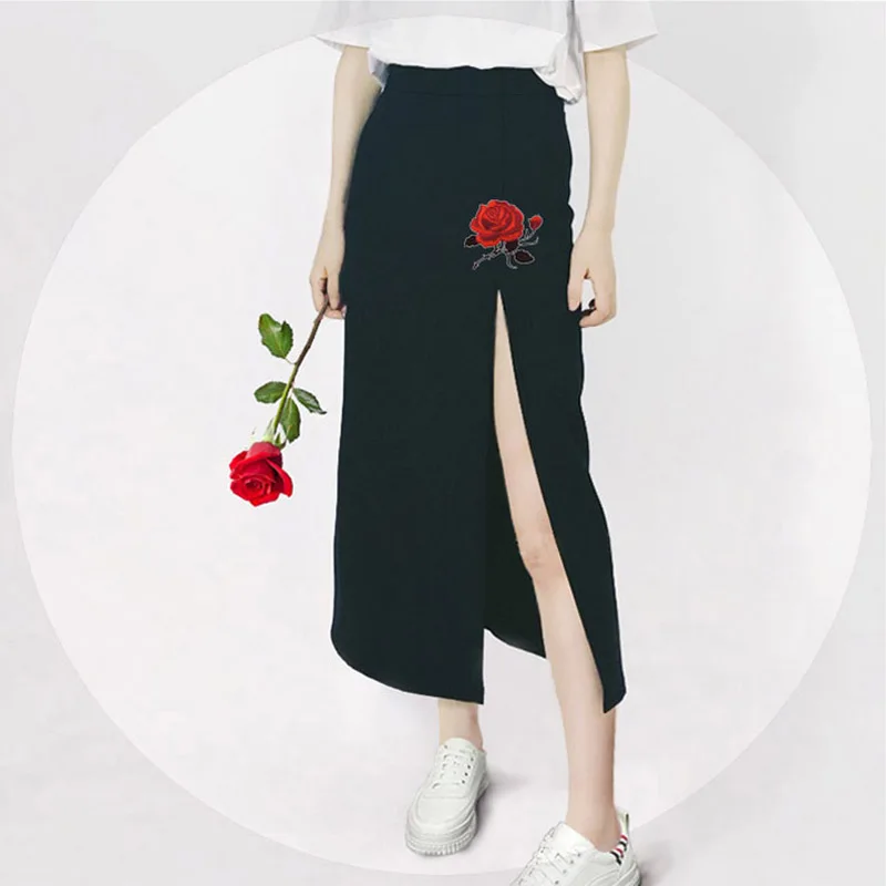 

Women'S Sexy Skirt Embroidery Rose Flower Slits Split Hem Slim Skirt Harajuku