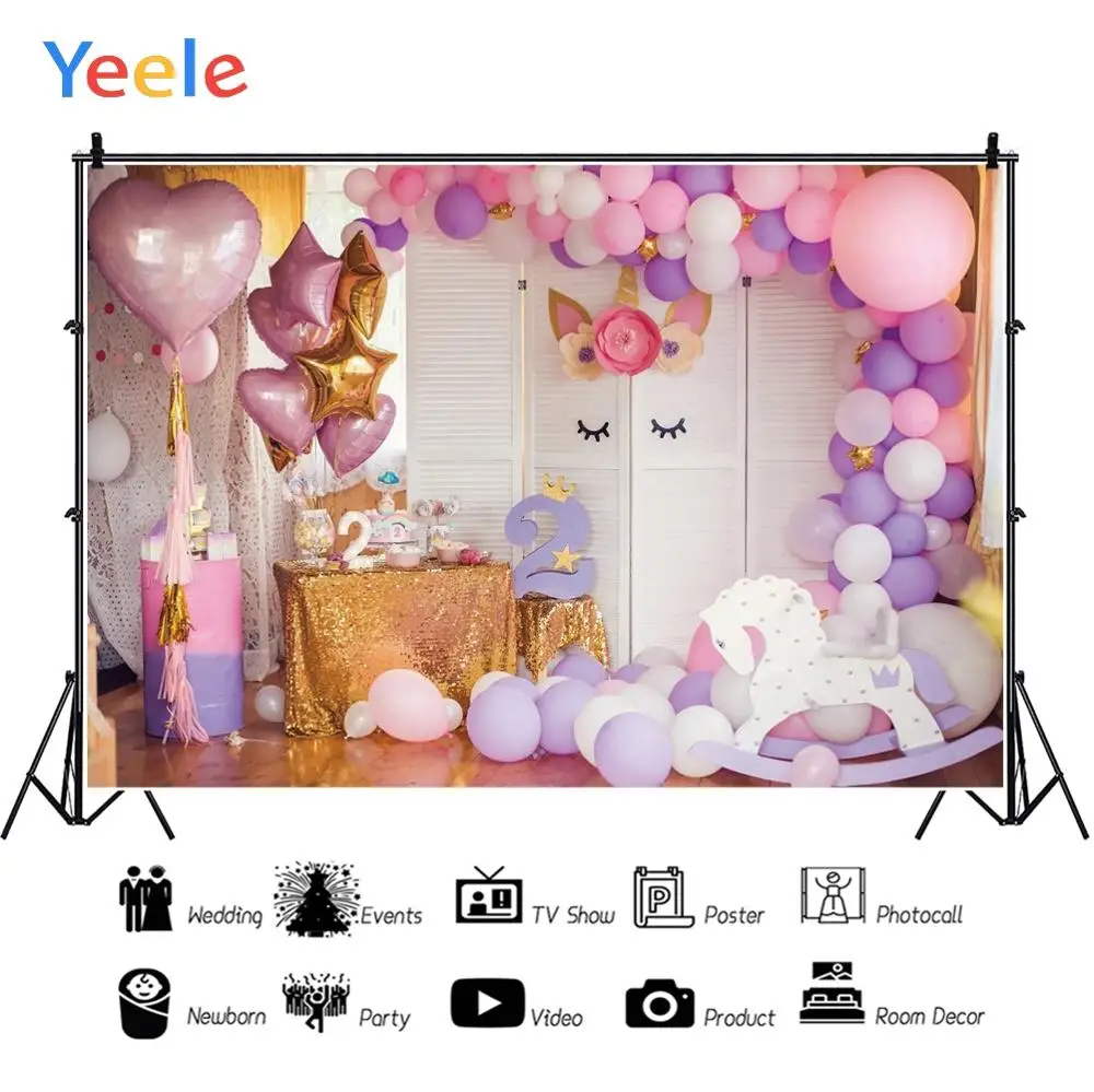 

Yeele Unicorn Balloons 2 Year Birthday Party Scene Photography Backdrops Customized Photographic Backgrounds For Photos Studio