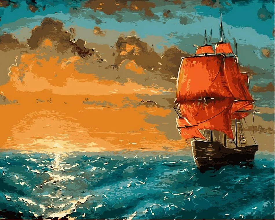 

Boat in Sunset Sea Landscape House Oil paintings by numbers with frame unique craft decorative wall pictures for living room