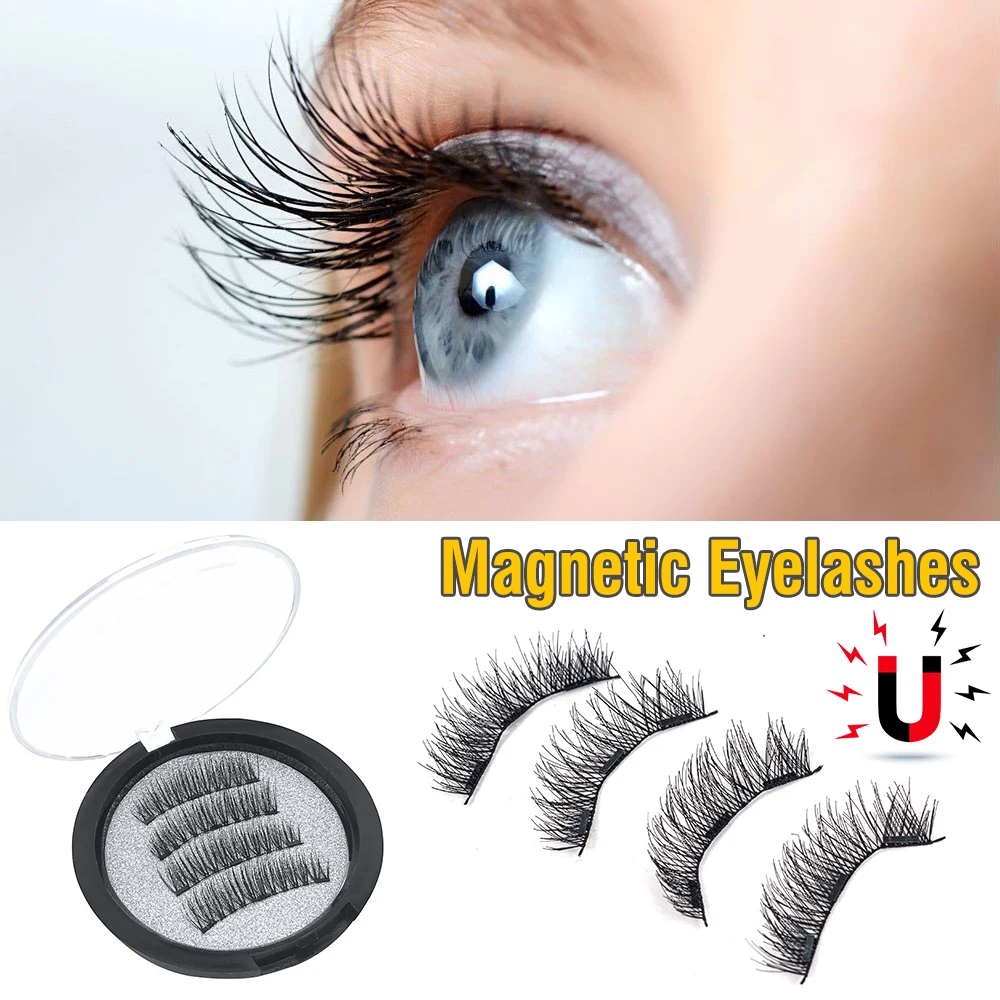 

High Quality Women Fashion 4pcs Magnetic Eyelashes makeup W/ 3 Magnets Long 3D Natural False Eye Lashes Extension
