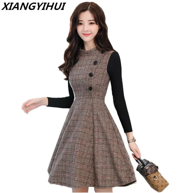 Autumn Winter Dress Women 2019 New Fashion Plaid Woolen Dress Stitching ...