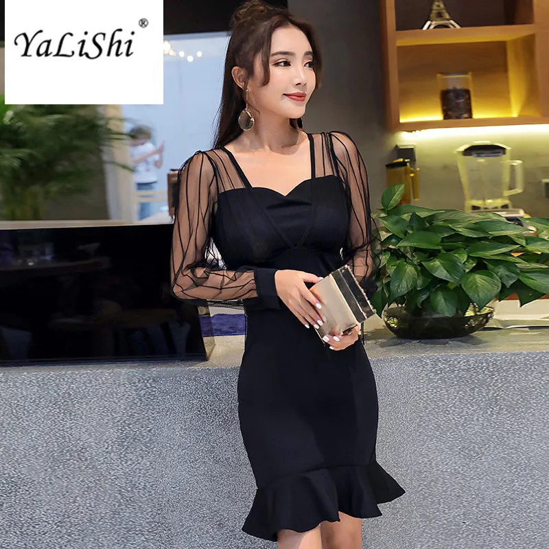 

2018 New Spring Dresses Black Long Sleeve Bandage Bodycon Gauze Patchwork Women Dress Vintage Sexy Party Mermaid Dress Vestidos