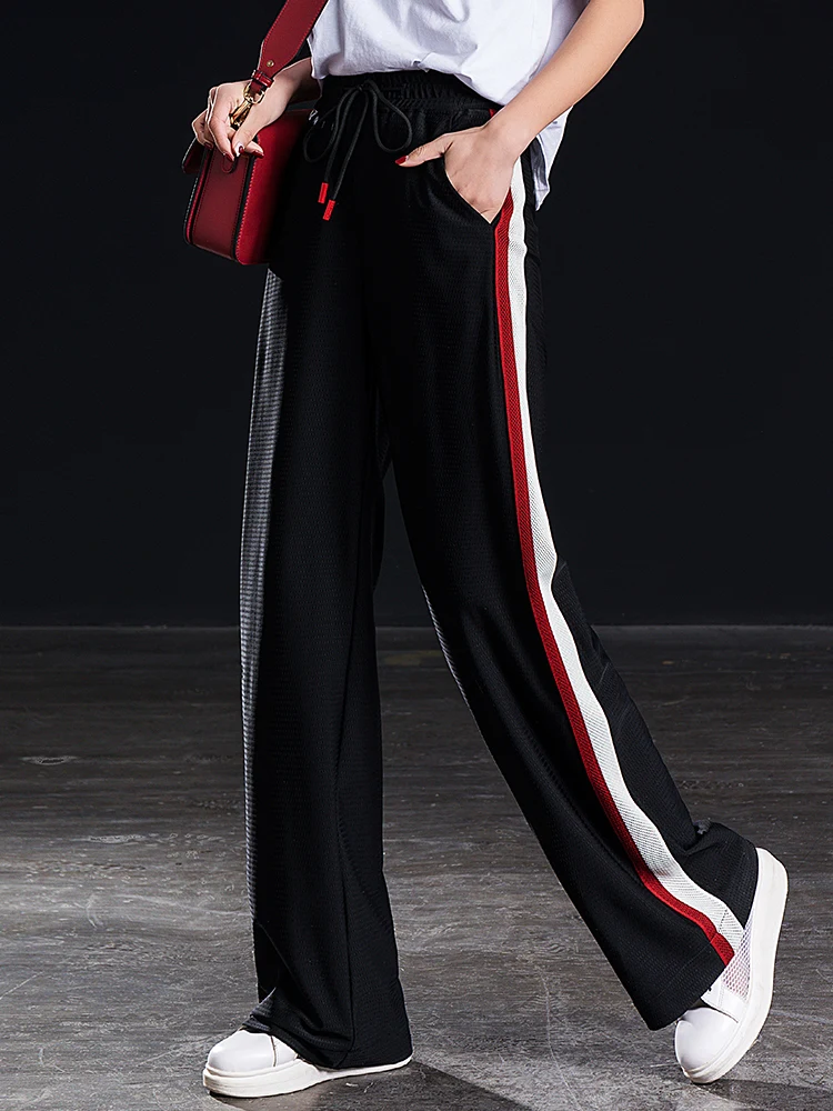 

2019 summer new casual sports pants women's thin trousers webbing school uniform pants elastic loose high waist wide leg pants