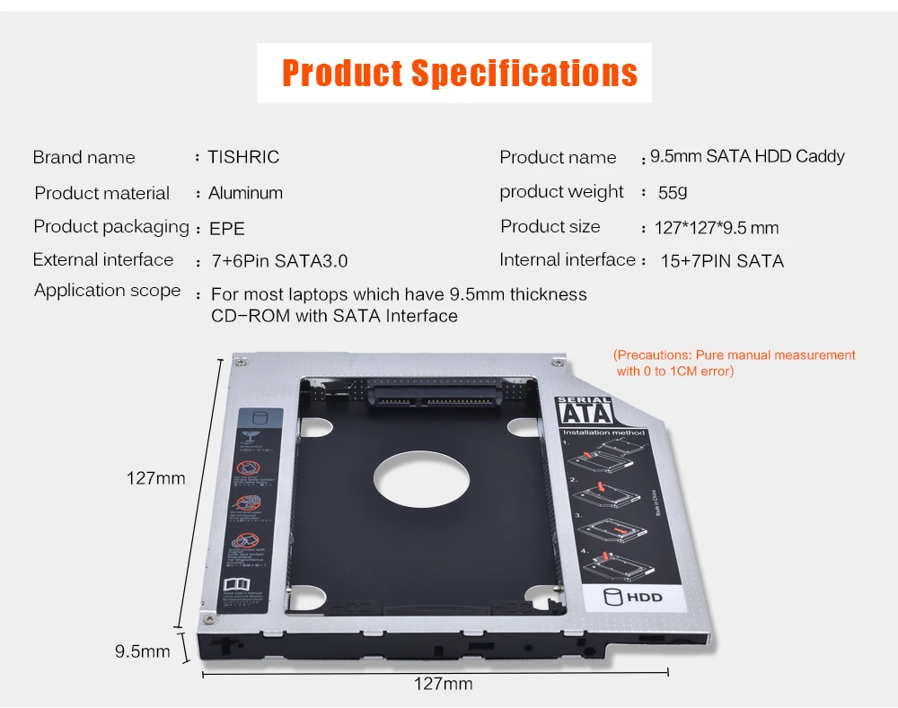 TISHRIC горячий алюминиевый Optibay 2nd HDD Caddy 9,5 мм SATA 3,0 2," SSD чехол для жесткого диска корпус для CD-ROM DVD привод ODD адаптер