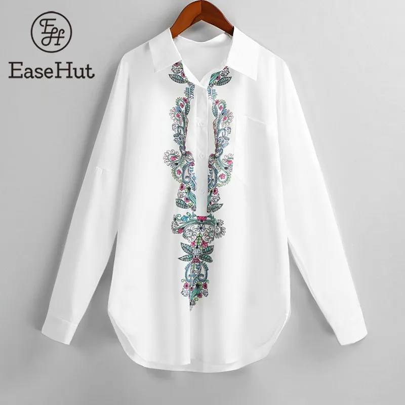

EaseHut Women Casual Blouse Turn Down Collar Long Sleeve Drop Shoulder Ethnic Floral Printed Vintage Tops Elegant OL Blouses