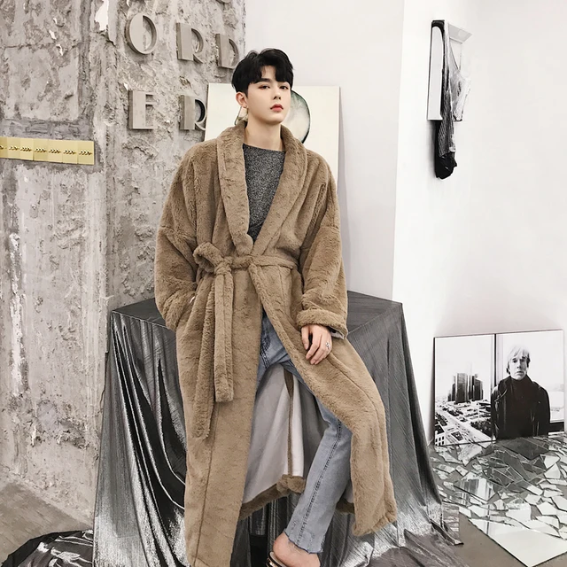 Men Long Belt Casual Trench Coat Male Faux Fur Robe Jacket