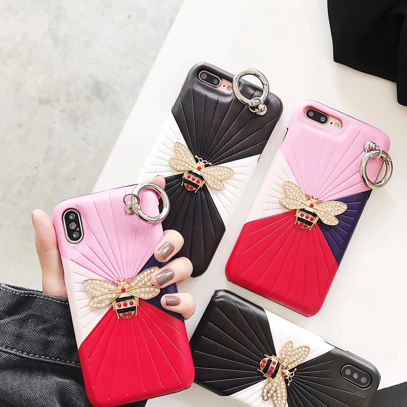 

Luxury brand Paris woman leather hard cover case for iphone 6 6Plus S 7 7 plus 8 8Plus X 10 Colorblock fashion bee phone cases