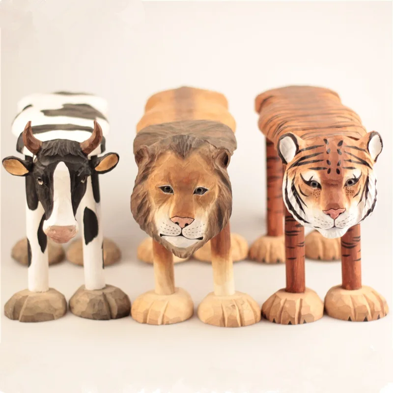 Hand Carved Solid Wood Chair For Baby Ornaments Animal Giraffe Lion Cow Husky Zebra Panda Tiger