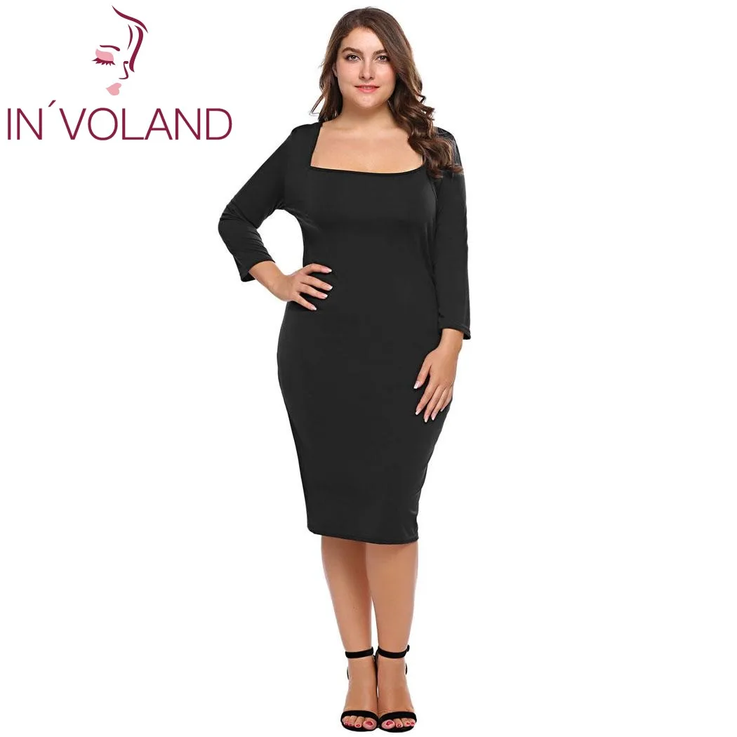 

IN'VOLAND Plus Size Women Pencil Dress XL-5XL Spring Autumn Slim Fit Square Neck Bandage Bodycon Dresses Vestidos Big Size