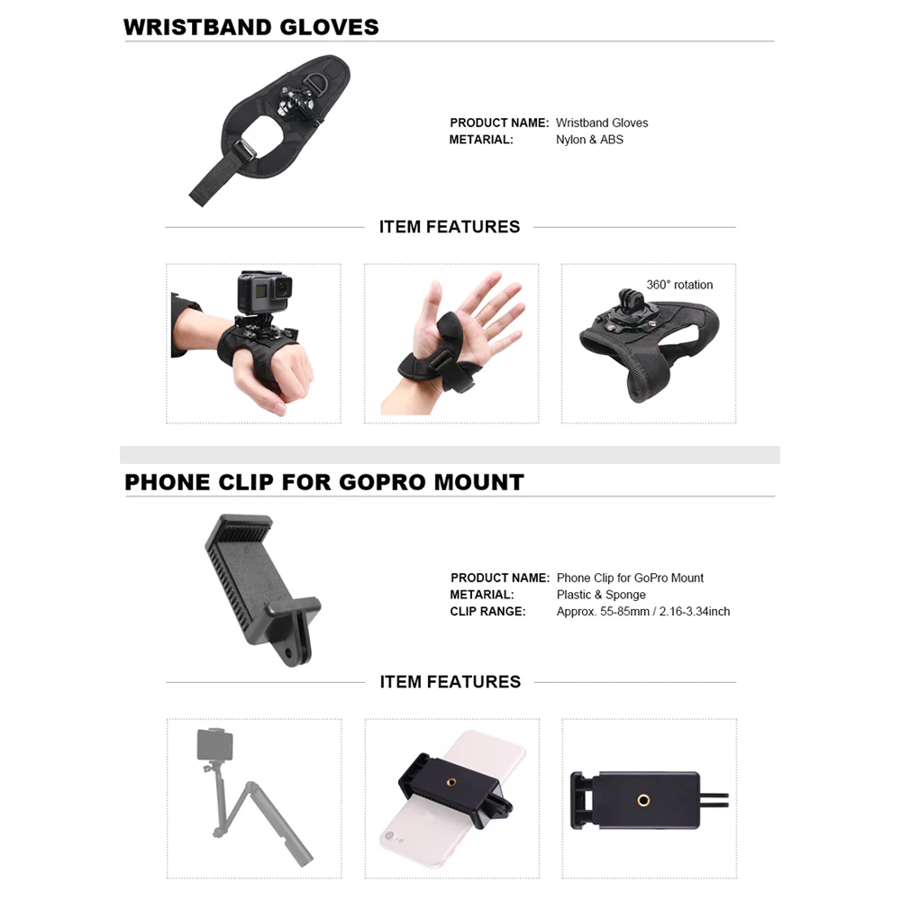 Para GoPro conjunto de accesorios para Go Pro Hero 7 6 5 4 3 kit trípode Selfie Stick adaptador de montaje para xiaomi Yi 4K Lite SJCAM SJ7 Eken H9 - 3