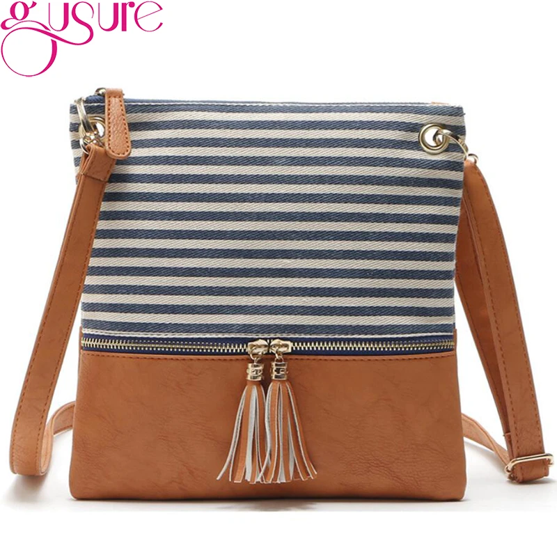 

Gusure Simple Style Patchwork Striped Shoulder Bags for Women Canvas with Leather Handbags Small Tassel Crossbody Bag
