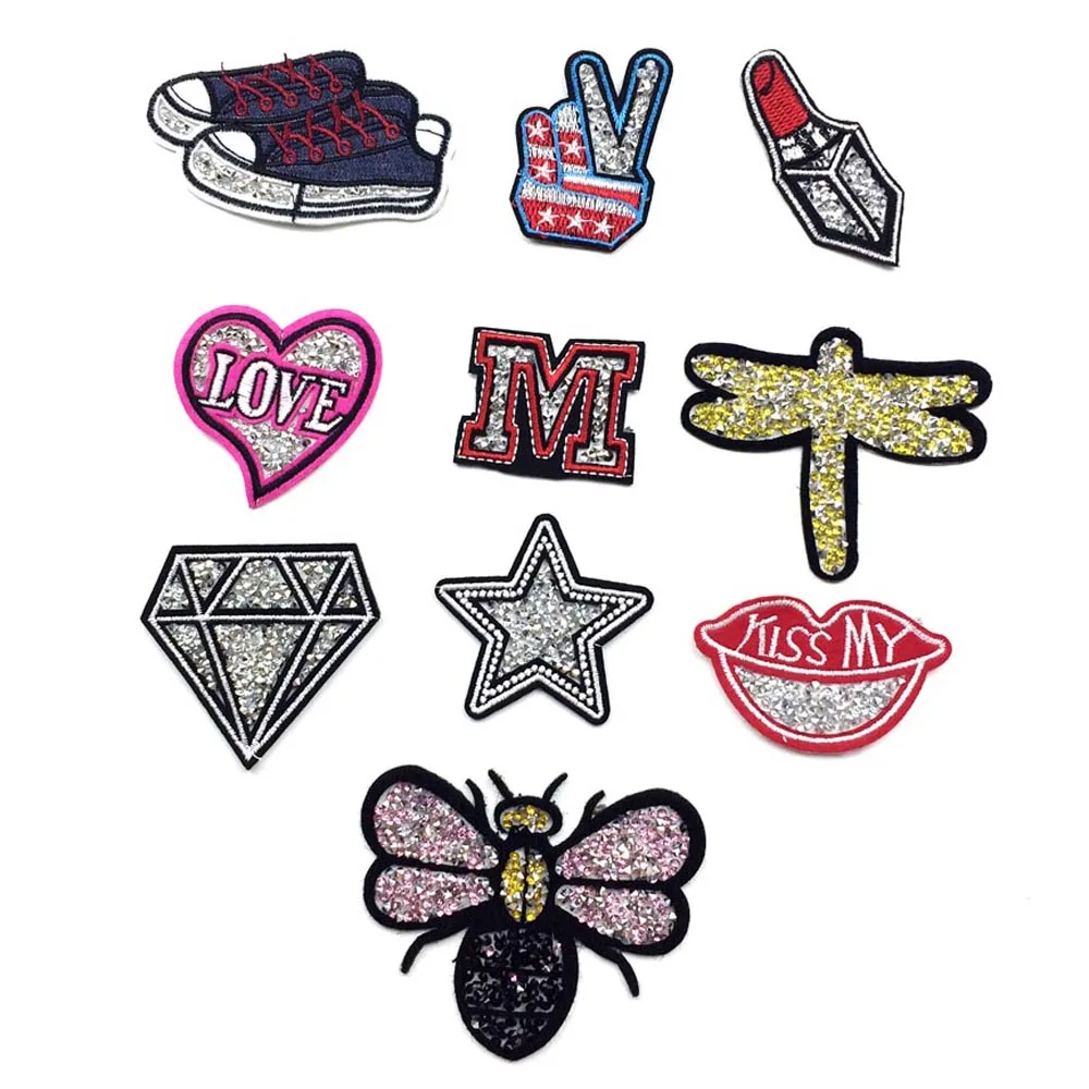 

Embroidery Patches With Rhinestone Iron On Patch For Clothes Iron On Applique For Garment Badge For Hat Bag DIY Sewing Supplier