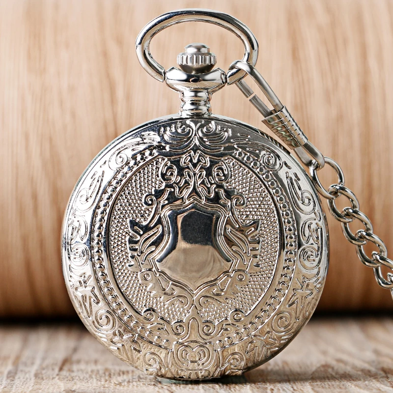 

Luxury Silver Shield Pattern Steel Case Retro Mechanical Pocket Watch Casual Antique Hand Wind Fob Watch Chain For Men Women