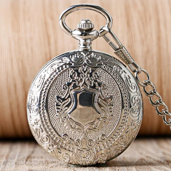 

Luxury Silver Shield Pattern Steel Case Retro Mechanical Pocket Watch Casual Antique Hand Wind Fob Watch Chain For Men Women