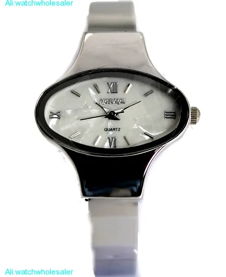 NATURAL Elliptic PNP Shiny Silver Watchcase Women White Dial Bangle Watch FW573B