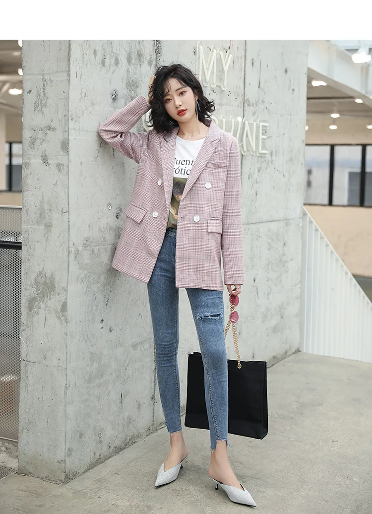 Модная новая клетчатая куртка Блейзер Женский длинный рукав Тонкий OL blazer2019 Повседневная весенняя куртка Блейзер Женский