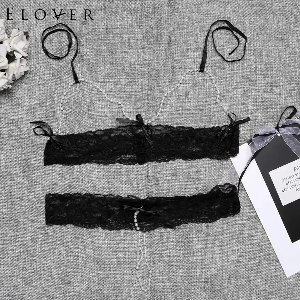 Elover Beaded Women's Pajamas Sexy Lingerie Cup Open Trim Women Lingerie G-string with Halter Pajamas Pearls Lace Artificial