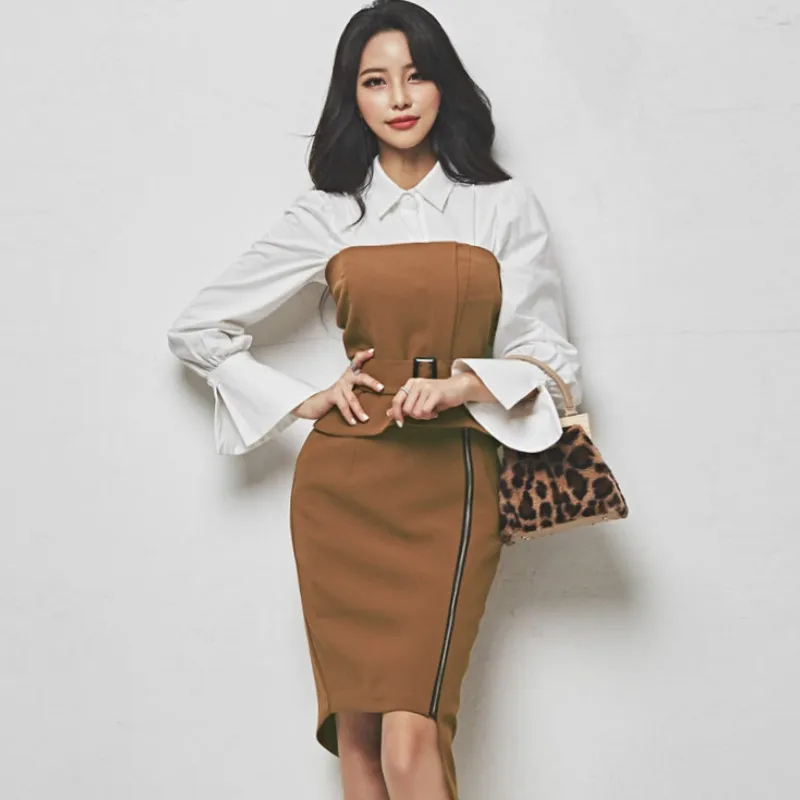 

2018 Winter Flare Sleeve White Blouse Sexy Strapless Peplum Top Bodycon Irregular Zipper Skirt Sets 3 Piece Work Suit Dress