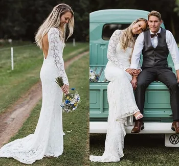 

Sexy Mermaid Wedding Dresses Backlesses Long Sleeves Country Wedding Gowns Sweep Train Lace Bridal Gowns 2019 Vestidos de Novia