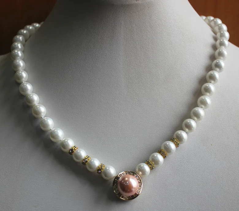 

2 styles favorite jewelry! wholesale/retail 8mm white shell pearl necklace+14mm white/pink pearl pendant ##a