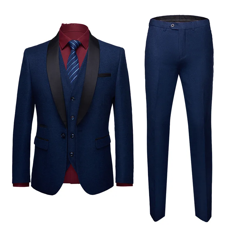 

(Jacket+Pants+Vest) Luxury Men Wedding Suit Male Blazers Slim Fit Suits For Men Costume Business Formal Party Dark blue Classic