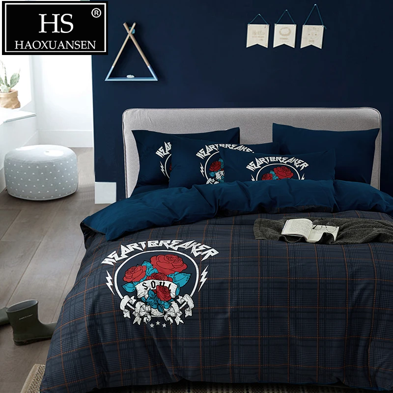 

4pcs Dark Blue Cotton Sanding Bedding Sets Medallion Plaid Pattern Soft Warm Bed Linen Set King Queen Size For Autumn Winter