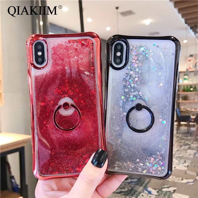 Quicksand Phone Case For iPhone X 7 8 6 6s Plus XR XS Max Bling Dynamic Liquid Love Hearts Sequin Ring Kickstand Back Cover Capa | Мобильные