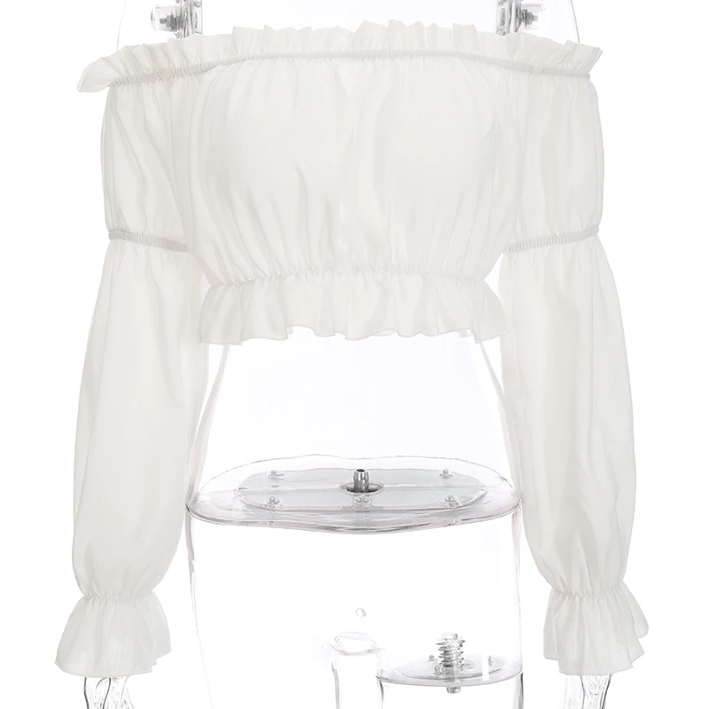 Darlingaga, Модная белая шифоновая блузка, рубашка с открытыми плечами, сексуальные топы, оборки, тянущиеся рукава, осенняя женская рубашка, blusas