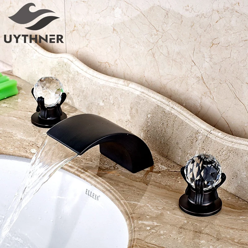 

Uythner Deck Mounted Oil Rubbed Bronze Waterfall Spout 3pcs Basin Faucet Double Crystal Handles Mixer Tap