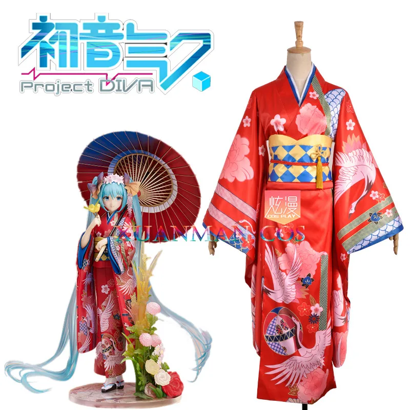 W0971 Мику кран кимоно Косплэй костюм Мику Хацунэ проект Diva F Vocaloid индивидуальный заказ с красным традиционные женское платье