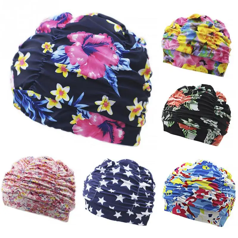 

Women Swimming Cap Floral Printed Swim Pool Hat Beach Surfing Long Hair Ears Protection Summer Beach Swim Caps Free size