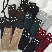 Осень/Зима Новые женские Носки высокое качество, дизайн ручной работы двумя рядами жемчуга бисером шерсть хлопок длинные носки для женские