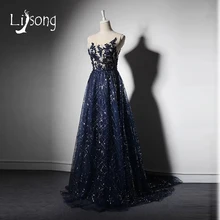 Fabulous Azul Marino Una Línea de Vestidos de Noche Largo Apliques Mujeres de Noche Formal Del Vestido vestido de noiva Red Carpet Maxi Vestidos Largos