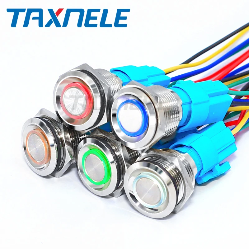 

19mm Metal annular Push Button Switch 12V 24V 110V 220V LED Lamp Illumination Waterproof Momentary Latching Switch Ring Light