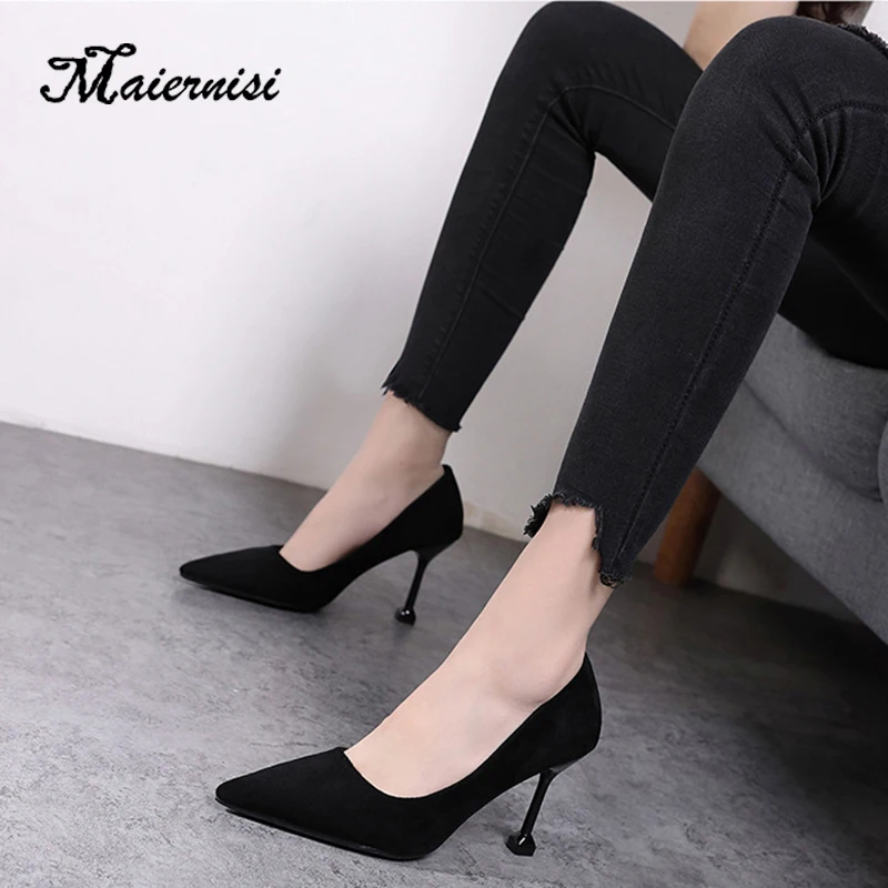 

MAIERNISI Fashion Women's High Heels Shoes Fashion Pointed Toe Women Pumps Show Flock Thin Female Office Shoe for ladies