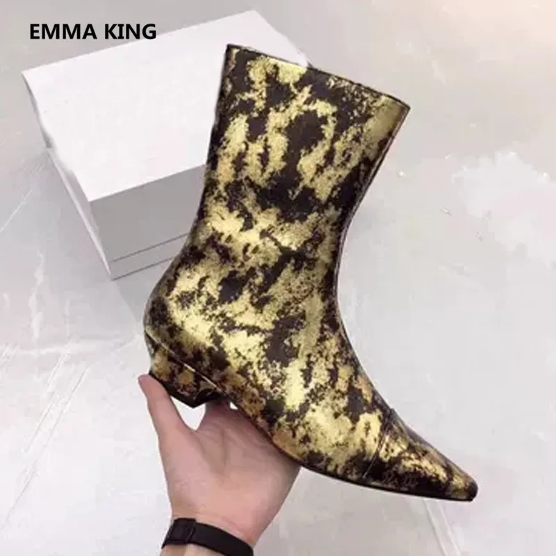 

2019 New Fashion Gold Metal Color Women Ankle Boots Pointed Toe Bursting Pattern Ladies Winter Shoes Woman Flats Martin Boots
